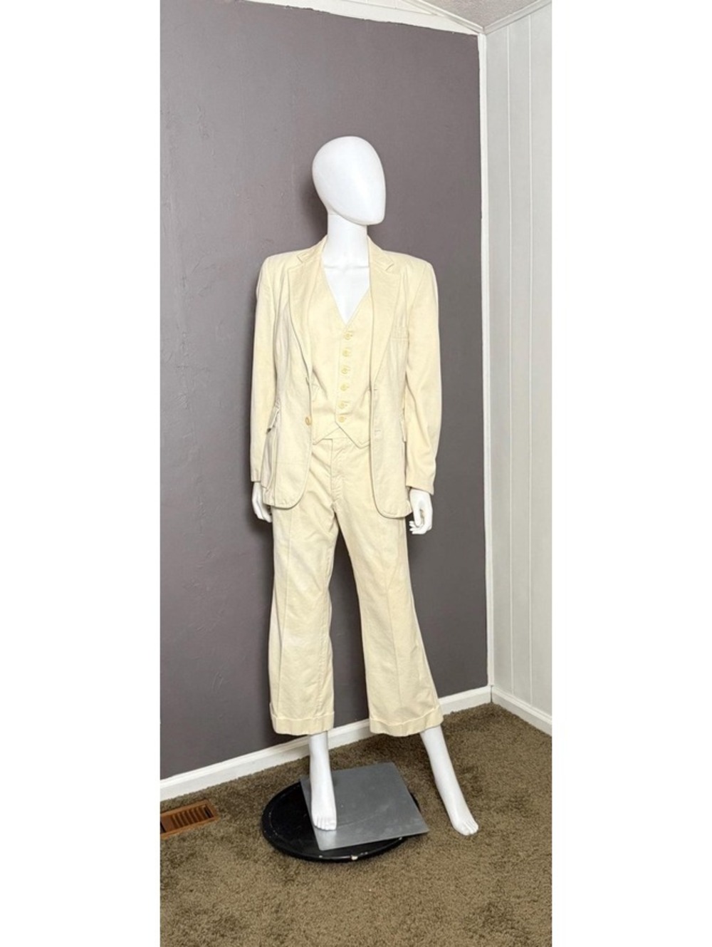 1960's- 1970's Cream Cotton Three-Piece Suit Unisex Blazer Vest + Pants S-M